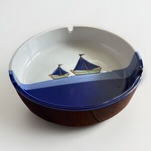 Sailboat Ocean Round Ceramic Ashtray Blue White 6" Plant Tray